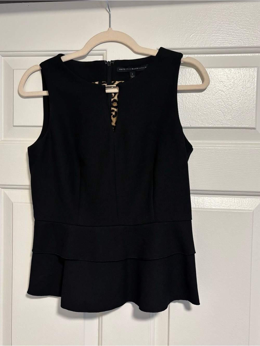 NEW White House Black Market Black Sleeveless Peplum Tank with Leopard Lining